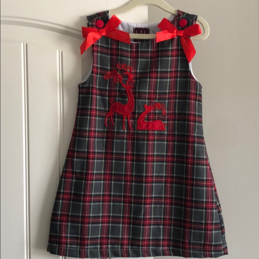 Grey and red plaid dress with reindeer appliqué